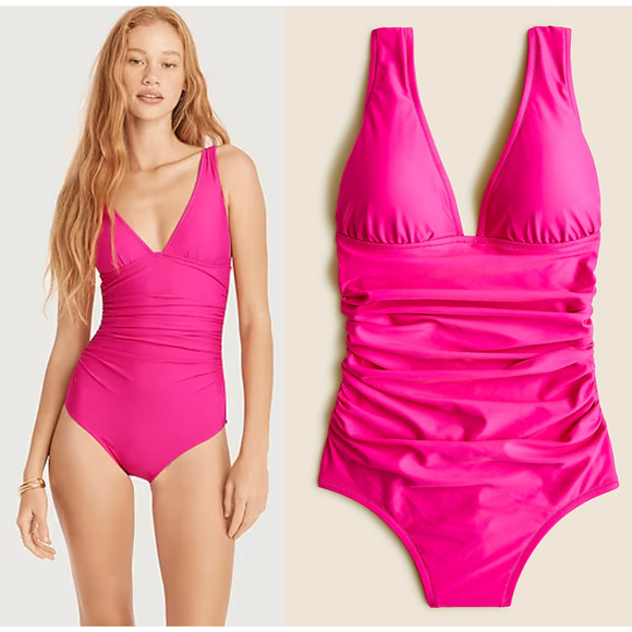 J. Crew | NWT | Ruched V-neck one-piece in Radiant Fuchsia | Sz 6 - Picture 1 of 12